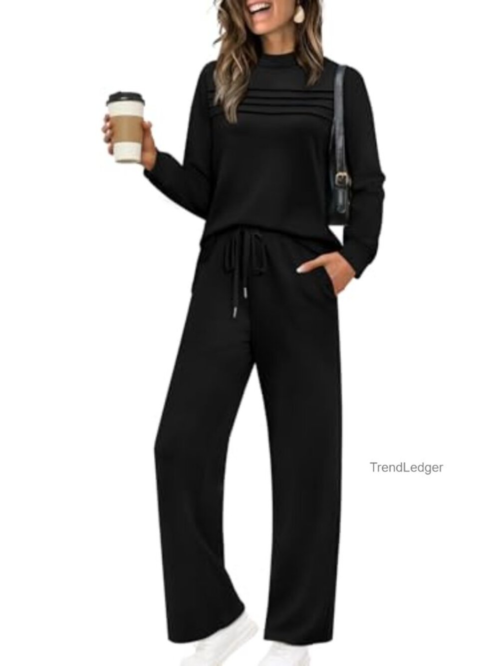 Two Piece Lounge Set Long Sleeve Wide Leg Crop Pants Travel Outfit